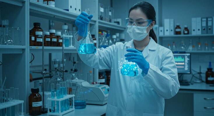 The hidden world of stimulant research chemicals: 6 compounds you should know 2 A detailed illustration of chemical research, showcasing scientists working with advanced equipment in a modern laboratory setting.